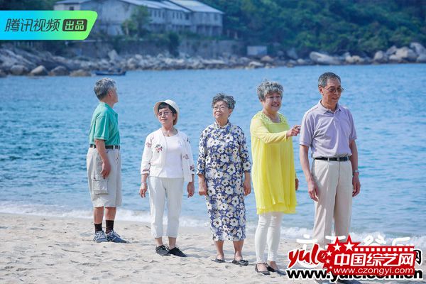 五位老人海边拍照