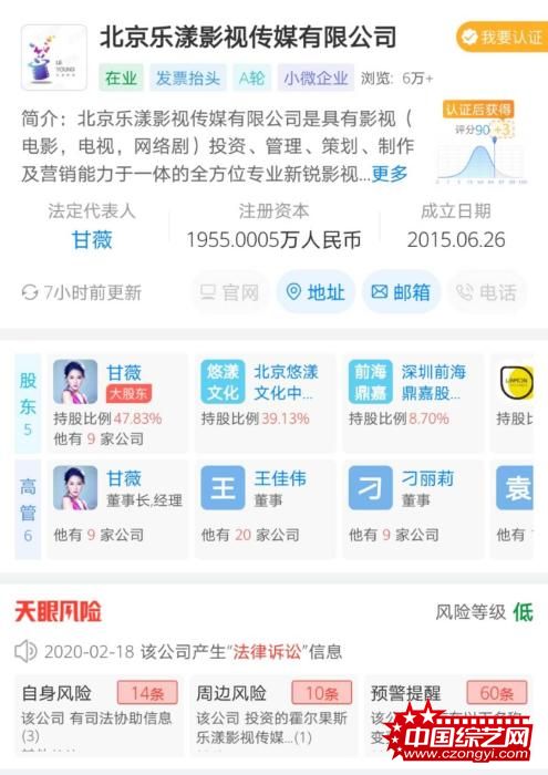 2015年6月，甘薇创办乐漾影视。数据来自天眼查